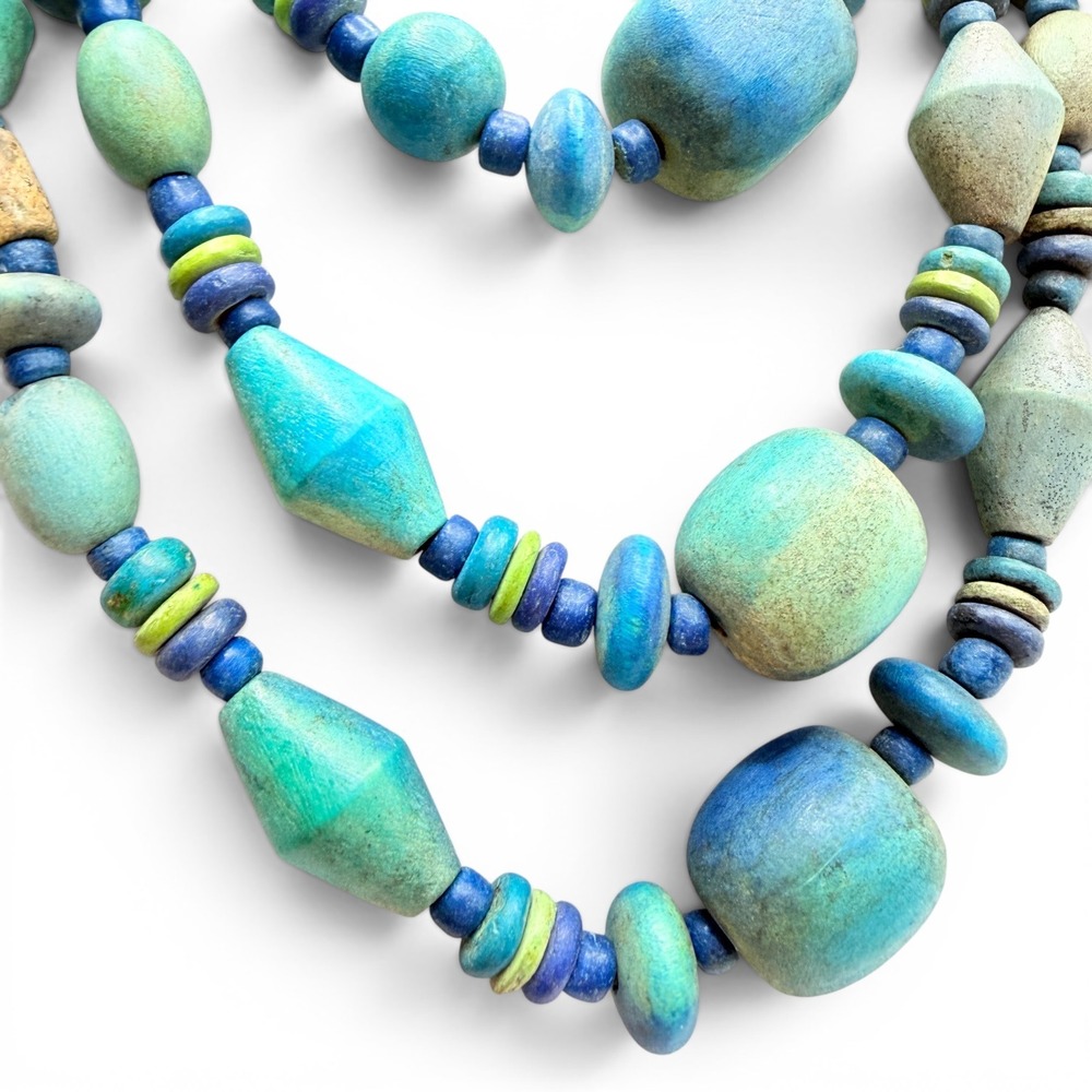 Vintage Multi Strand Wood Bead Necklace Blue Green Teal Boho Geometric Statement - Picture 14 of 16